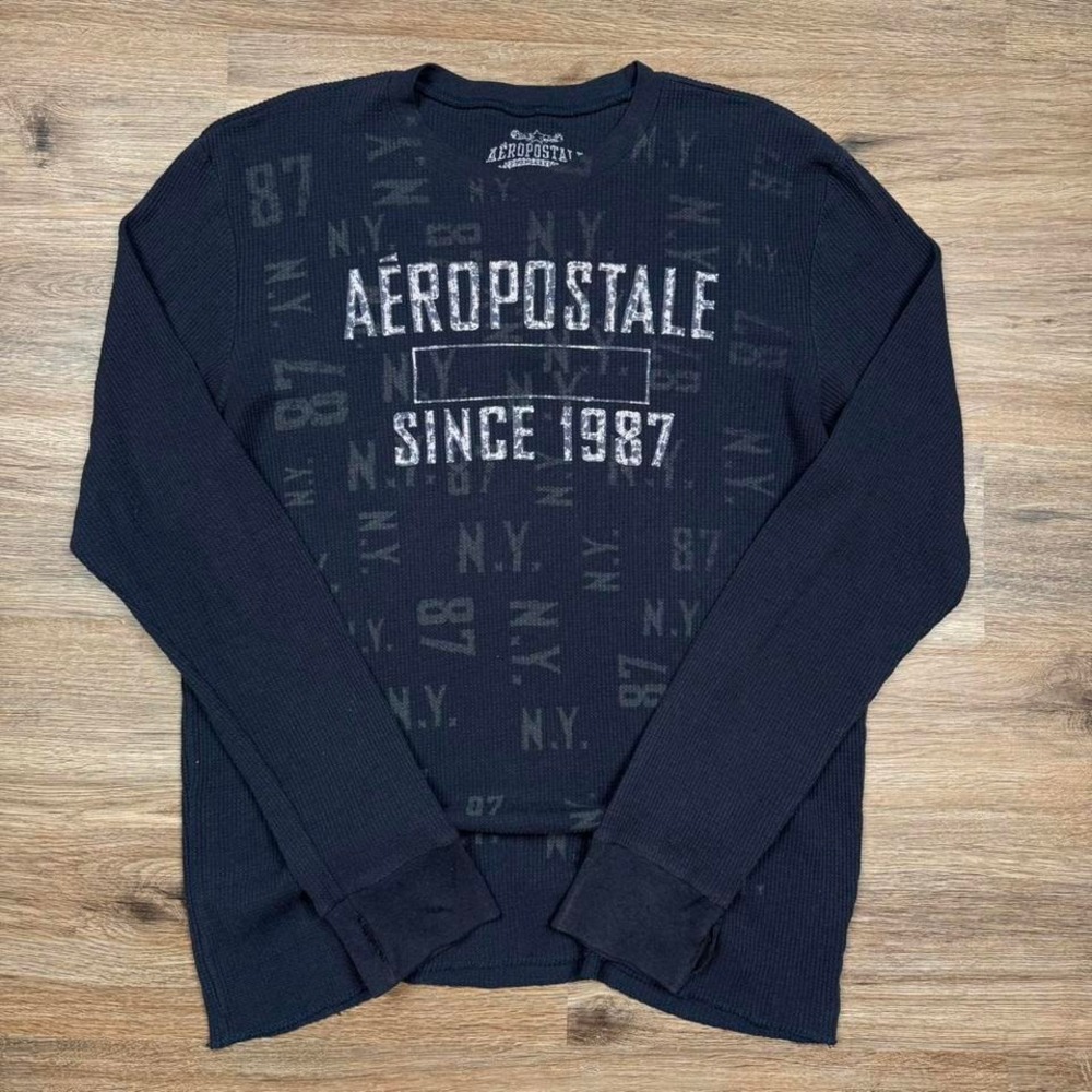 Vintage Aeropostale Navy Blue Waffle Knit Thermal Shirt L Y2K Graphic